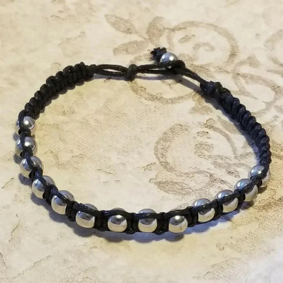 Silver Beads and Black Waxed Cotton Shamballa Style Macrame Cord 7" Bracelet - Picture 1 of 6